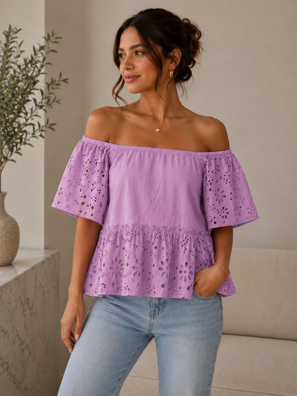 Off-Shoulder Eyelet Peplum Top in Lavender